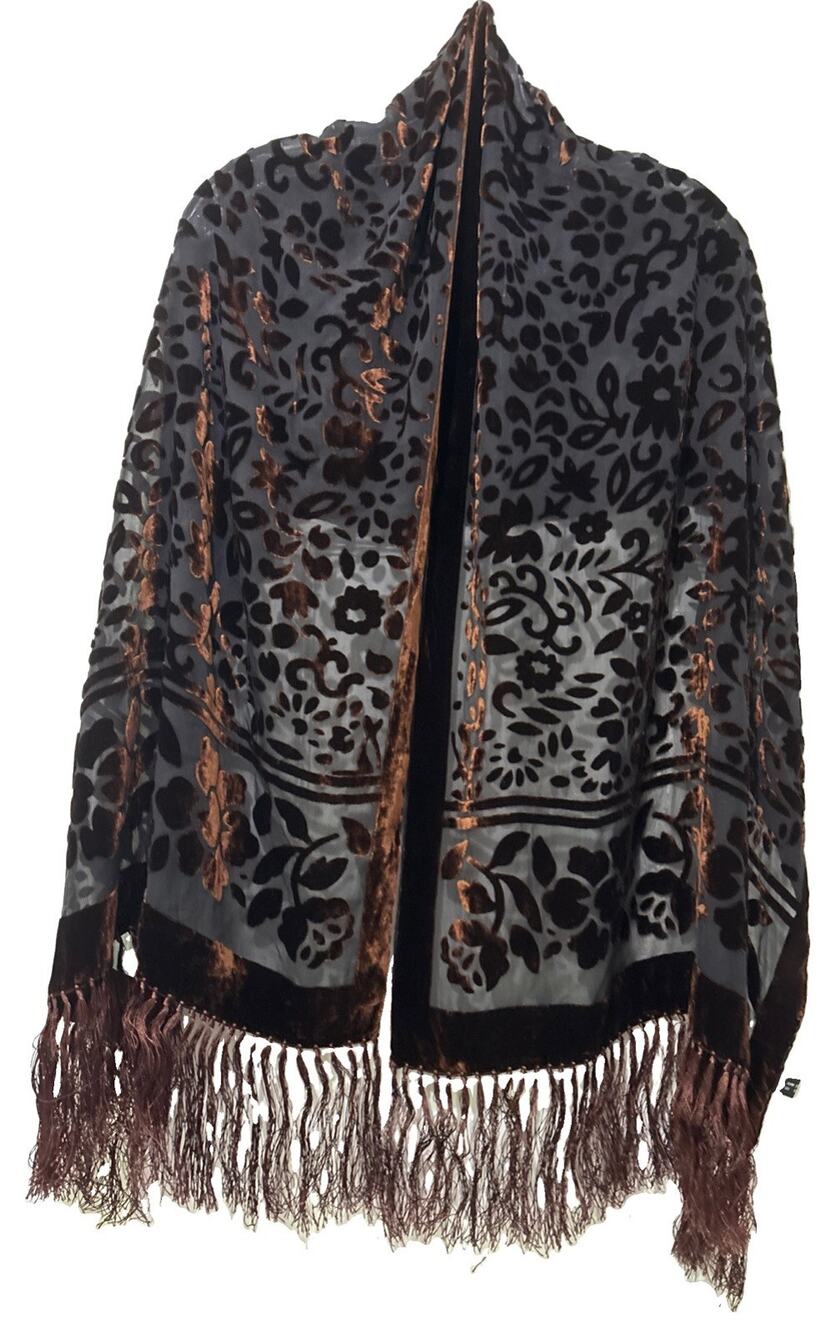 Vintage Burnout Velvet Shawl Wrap Brown Black Devore Floral Fringe Silk Blend